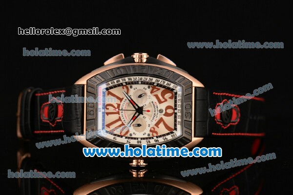 Franck Muller Conquistador Grand Prix Miyota OS20 Quartz Rose Gold Case with Black Leather Bracelet White Dial and PVD Bezel - Click Image to Close